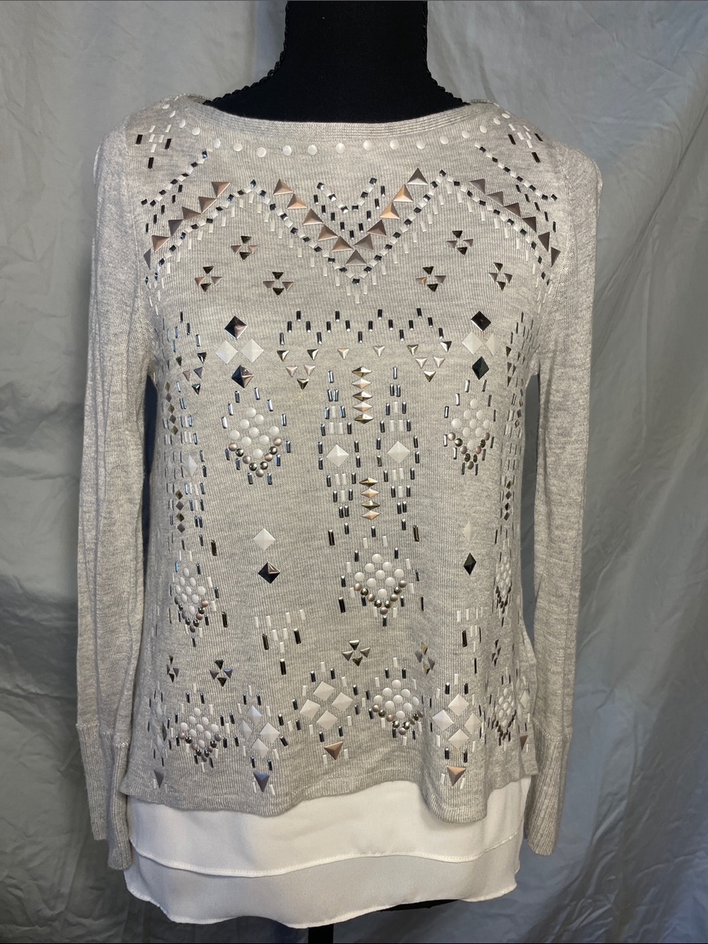 White House Black Market Silver-Accent Light Gray Embellished Layered Knit Top